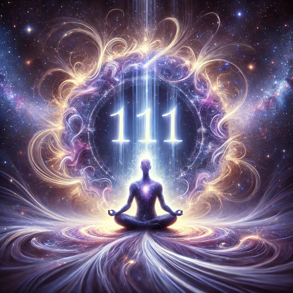 DALL·E 2024 11 30 18.36.18 A serene mystical illustration of the 1111 portal capturing cosmic influence and spiritual energy. In the center a glowing 1111 symbol appears as a